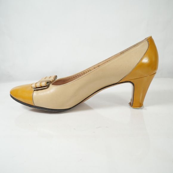 Vintage Salvatore Ferragamo Yellow Two-Tone Leather Bow Made in Italy Size 7B - Picture 4 of 11
